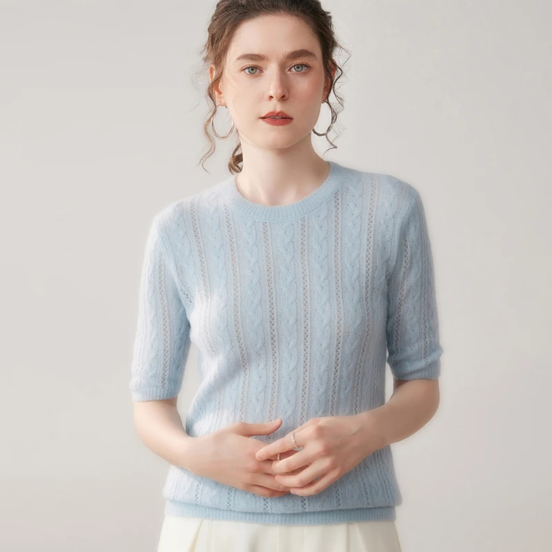 

100% Cashmere Women's Knitted Solid Color Loose Round Neck Pullover Short Sleeve Hollow Twist Design Fashion Joker Spring And Au