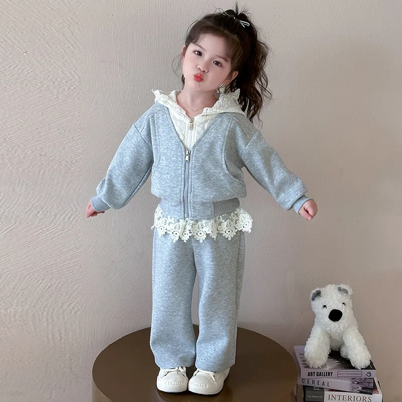 

Girls Suit 2025 Autumn New Children's Clothing Korean Style Girl Baby Lace Hoodie Pants Two Sets of Casual Simple Daily