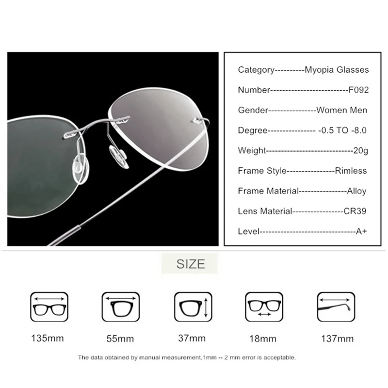 Rimless Prescription Glasses For Myopia -0.5 to -8.0 Men Women Cat Eye Frameless Photochromic Or Blue Light Blocking Lenses F092