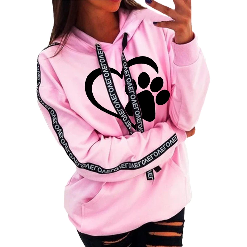 New Women's Casual Long sleeved Pullover Pink Letter Printed Pocket Sports Hooded Sweatshirt Pullover Sweater