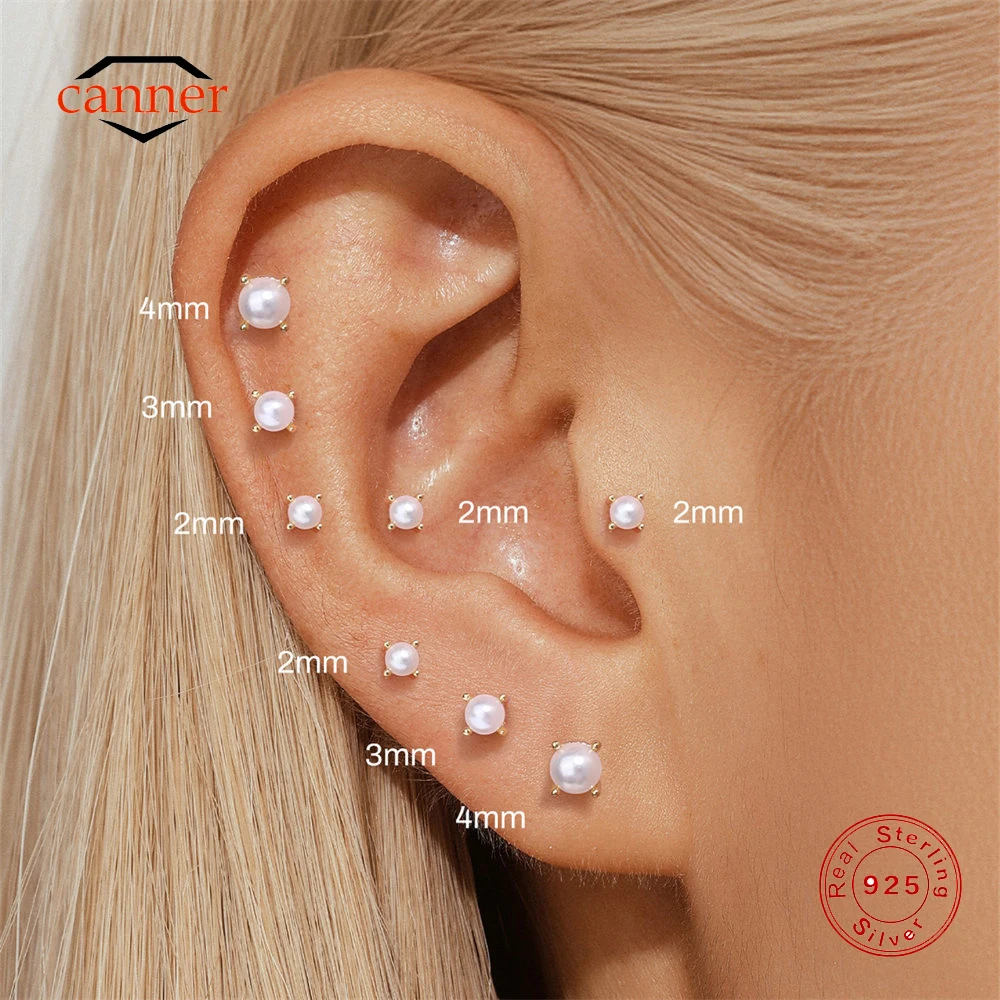 CANNER 1PC 2/3/4mm Classic Pearl Thread Piercing Ear Bone Nail For Women 925 Sterling Silver Ins Exquisite Mini Earring Jewelry