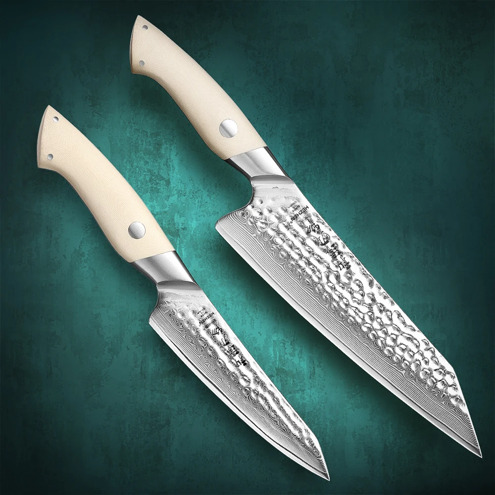 

HEZHEN 2PC Knife Set Elegant Series 67 Layers Damascus Steel G10 Handle Chef Utility Kitchen Tools Cutting Food