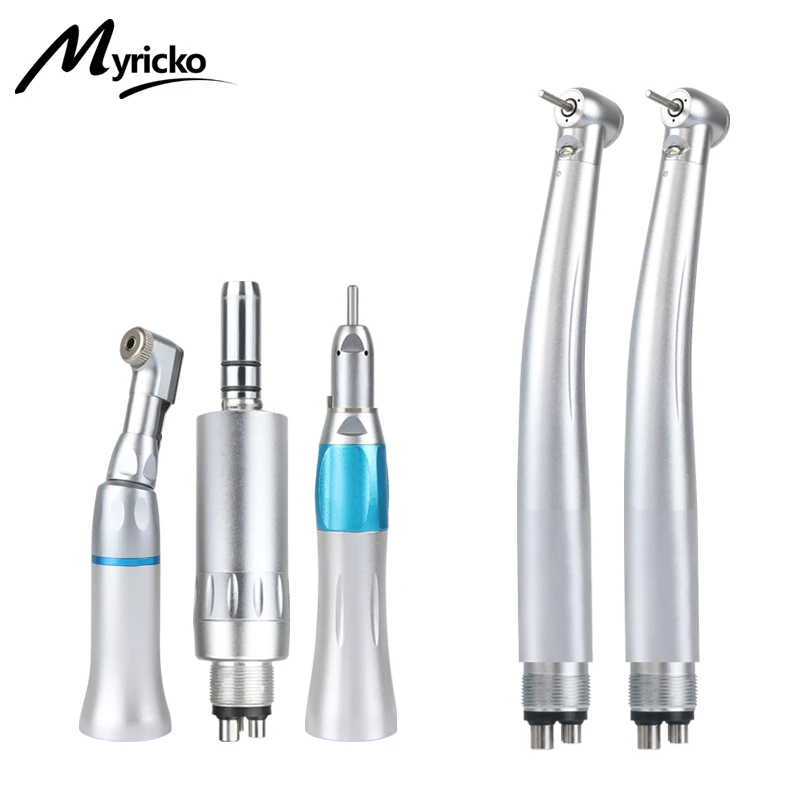 Dental LED High & Low Speed Handpiece Kit E-type Push Button Contra Angle Straight Nose Cone Latch Air Motor 2/4 Holes Dentistry