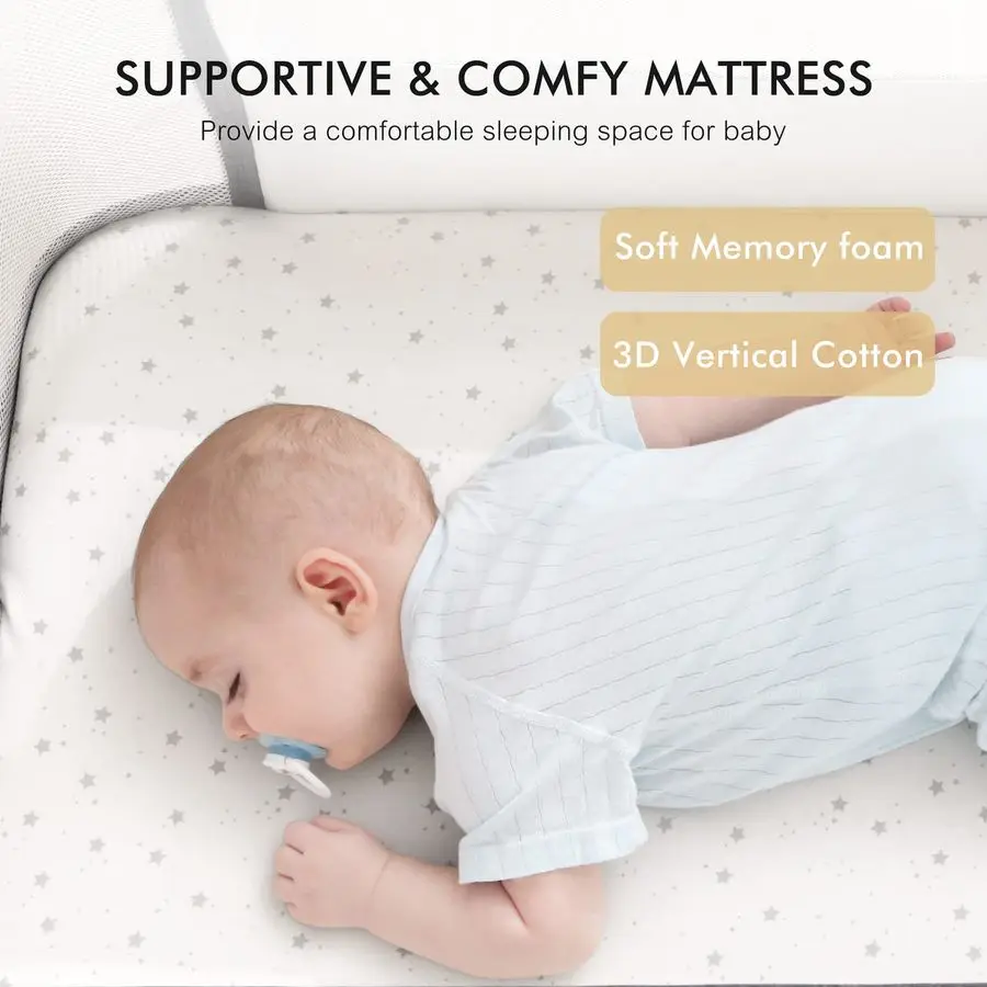 في 1 سرير أطفال، سرير بجانب السرير للطفل، سرير هزاز مع مرتبة وعجلات مريحة، 6 ارتفاع قابل للتعديل وسهل الطي