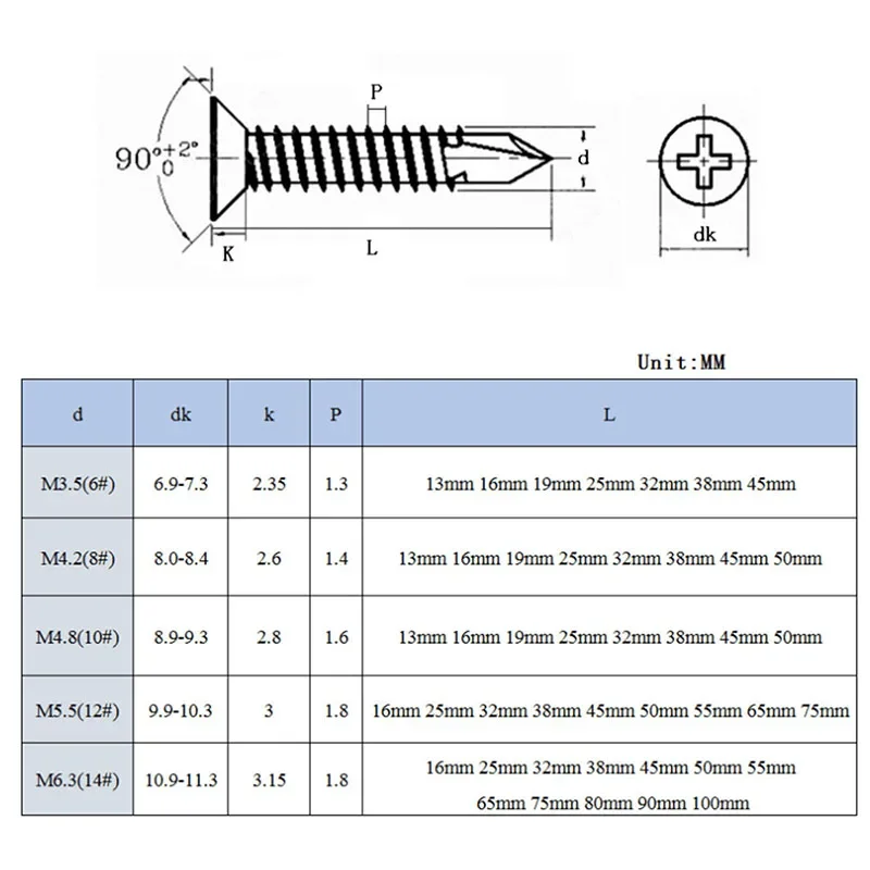 M4.2  410 Stainless Steel Phillips Flat Head Self Drilling Screws  DIN7504 Drilling Screws