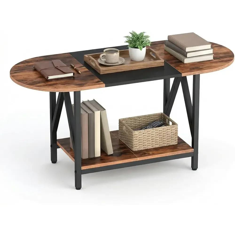 Coffee Table or Living Room, 2-Tier Oval Coffee Table, Industrial Centre Table with Open Shelf, Small Space, Home Office and Din view 5