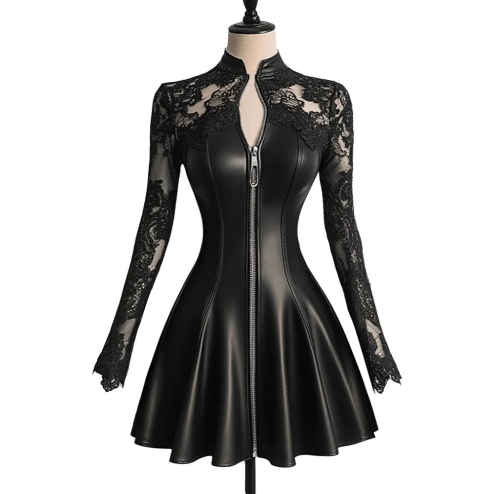 Modieuze PU-leer kanten patchwork taille-klinkende jurk herfst winter nieuwe collectie lange mouw rits sexy party mini-jurk - afbeelding 2