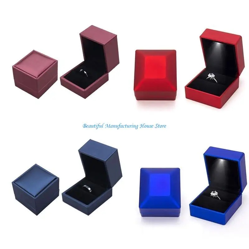 صندوق مجوهرات E56A Flannel LED مع ضوء LED لصندوق عرض خاتم الزفاف كهدية للحبيب