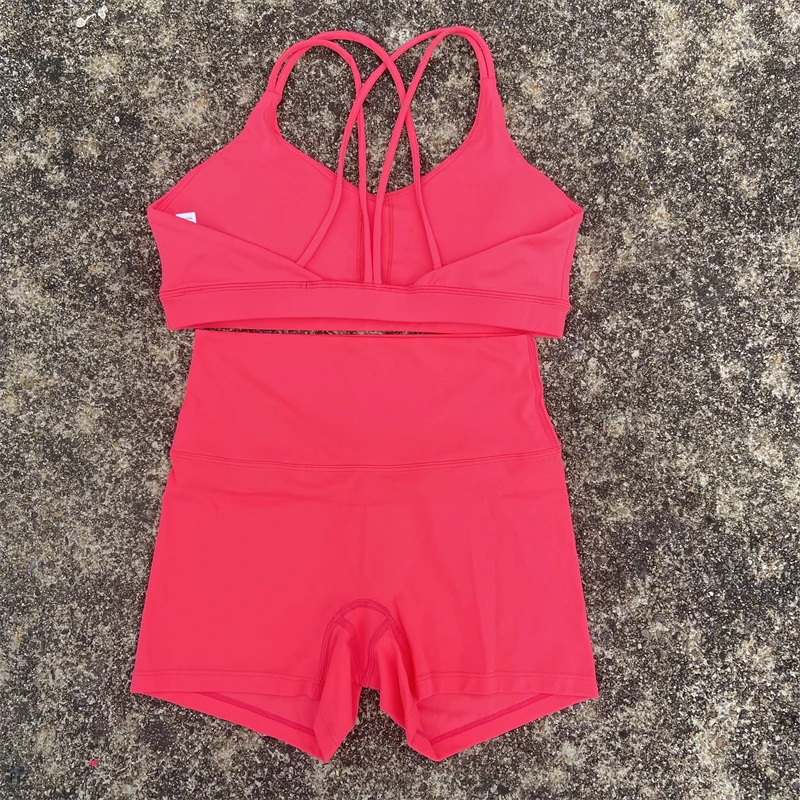 Women Cross fitness Bra Top Sport Short 2 pc Solid Color Women Gym Yoga Set Soft Cross-back straps  Athletic Workout Tracksuit