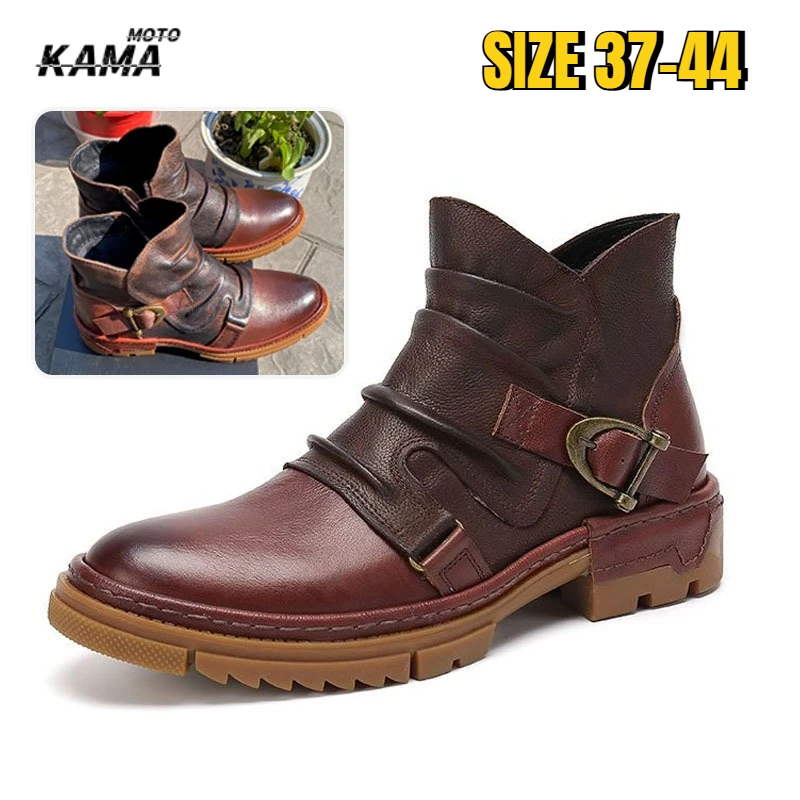 

Retro Men's Motorcycle Leather Boots Durable Leather Ankle Boots High Top Cowhide Shoes Wear Resistant Botas De Motociclista