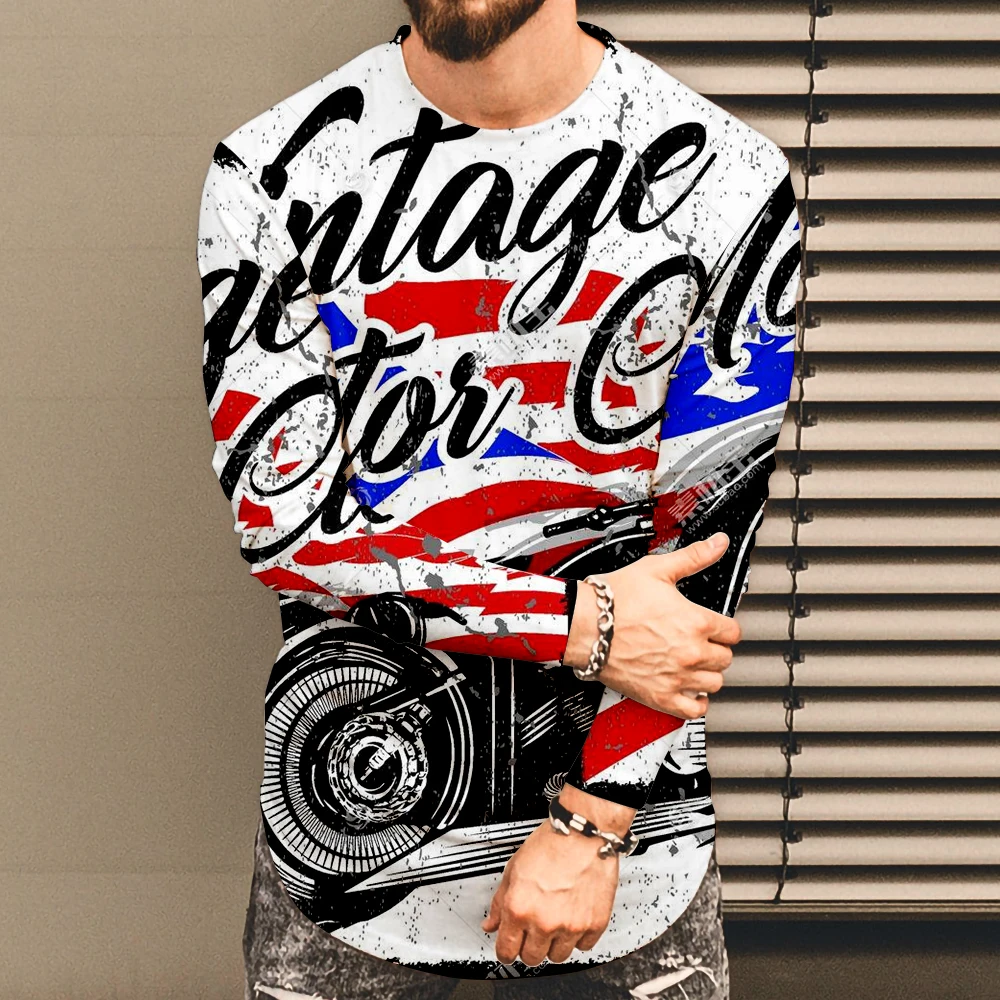 الرجال الربيع والخريف رقيقة موضة الاتجاه إلكتروني طباعة طويلة الأكمام الجولة الرقبة تي شيرت شخصية بلايز الرجال عادية #5