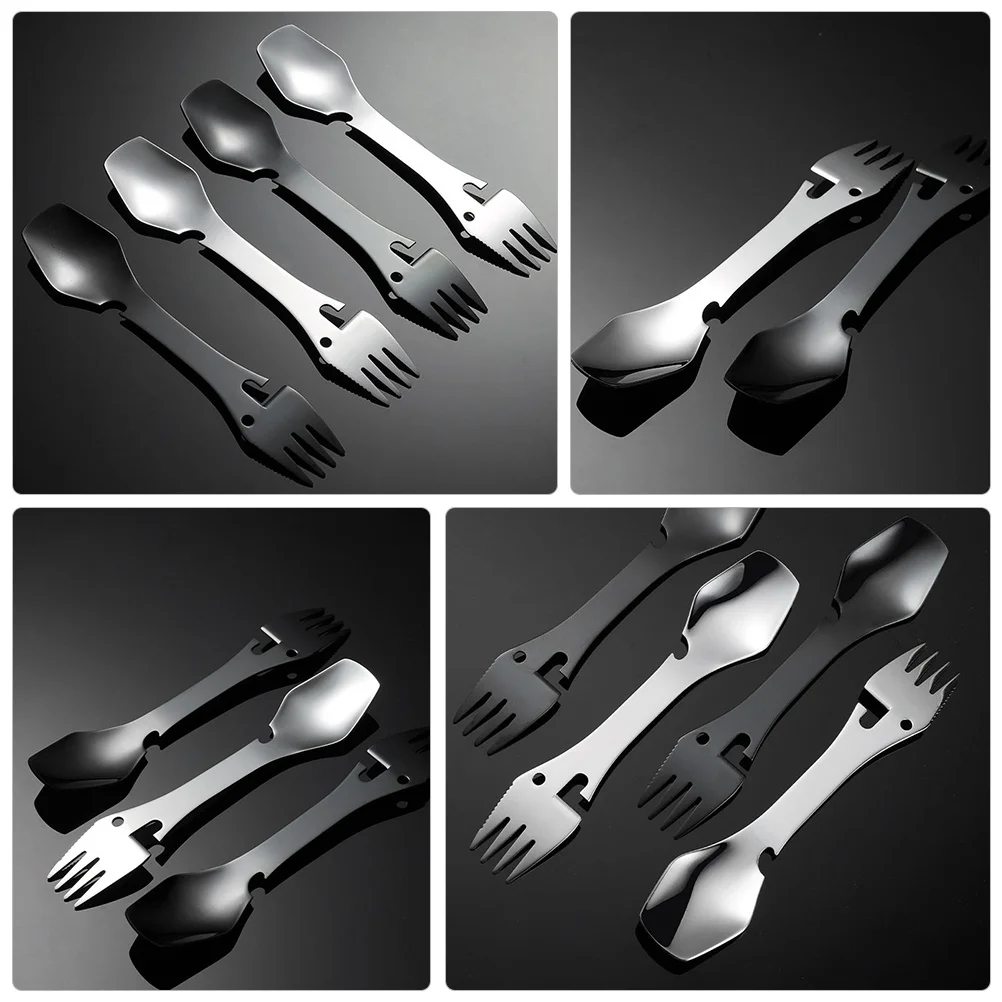 

2pcs Stainless Steel 5-In-1 Multifunctional Camping Spork Fork Spoon Knife Bottle Opener Lightweight Compact Outdoor Utensil For
