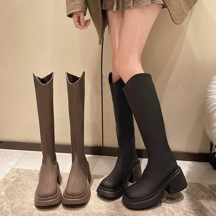 Botas de Otoño Invierno, nuevos zapatos de mujer, Botas de mujer con cremallera, tacones altos gruesos, tacones altos simples y gruesos, Botas hasta la rodilla de talla grande