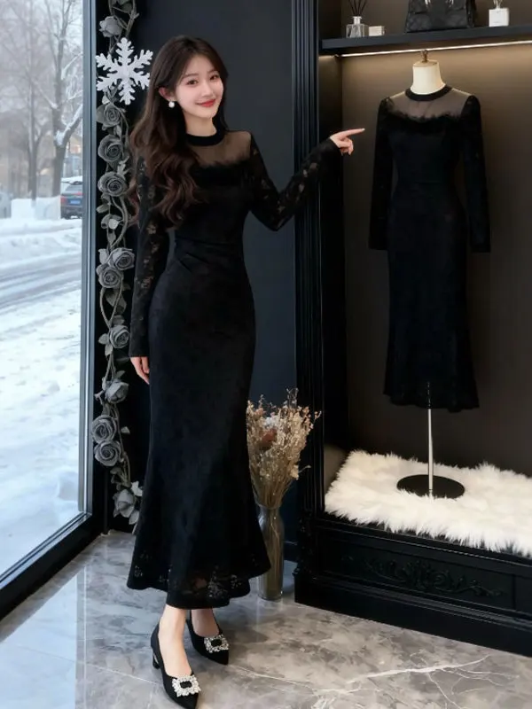 

Ele Кружевная отделка Slim Fit Длинное платье для женщин Нежная зимняя коллекция С высокой талией из смеси хлопка Невыцветающая юбка H-образной формы