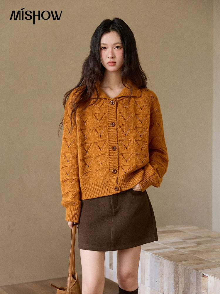 MISHOW سترة نسائية بأكمام طويلة 2025 ريترو برتقالي الماس شكل الجوف خارج سترة فضفاضة ملابس الشتاء النسائية MXE86Z2732 #1