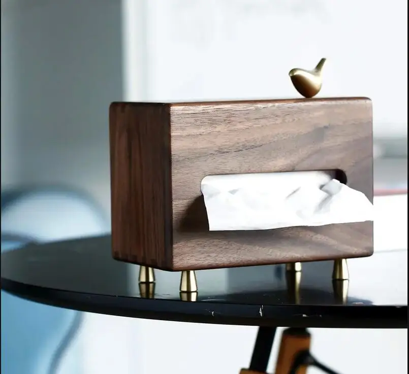 Retro Black Walnut Brass Foot Tissue Box Luxury Living Room Coffee Table Decor Rectangular Pumping Paper Tube