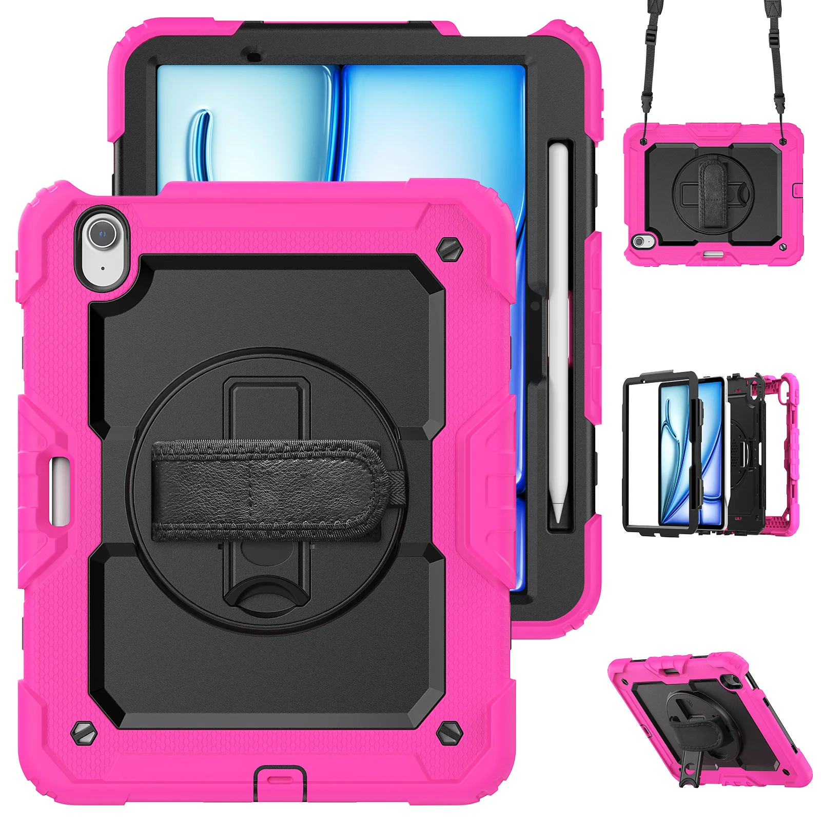 360 Rotating Stand Case For iPad Air 11 2024 Model A2902 A2899 A2900 Heavy Duty Cover With Screen Protector Hand Shoulder Strap