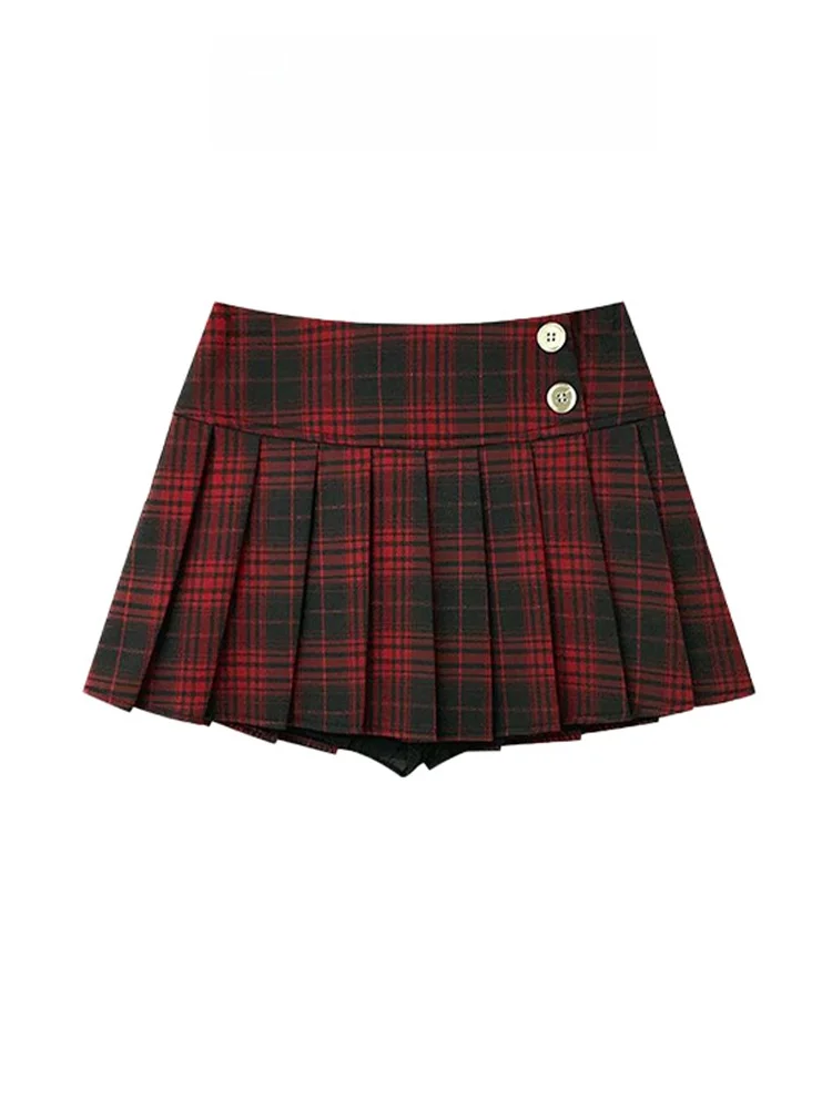 American Retro Low Waist Plaid Ultra  Skirt Women Spring Summer Hot Leg Lengthening a Line Pleated Skirt School Style