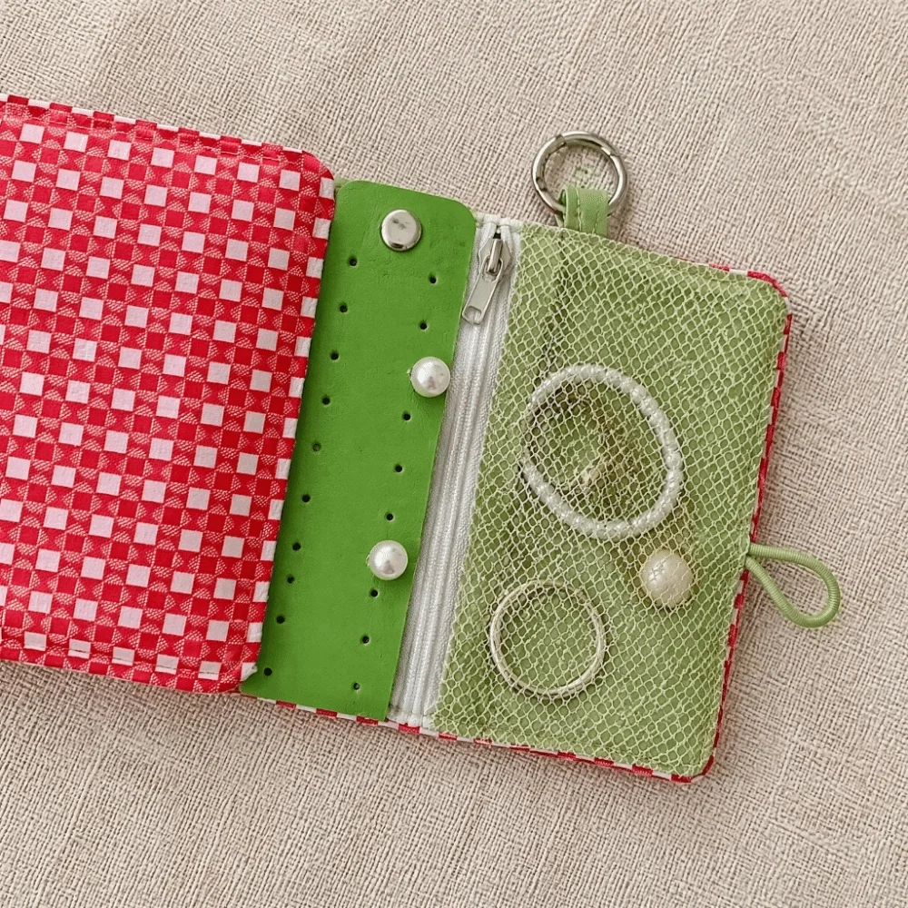 Tomato-Checkered Passport Bag Polyester Lightweight Mini Document Holder Soft Portable Travel Wallet Jewelry Storage