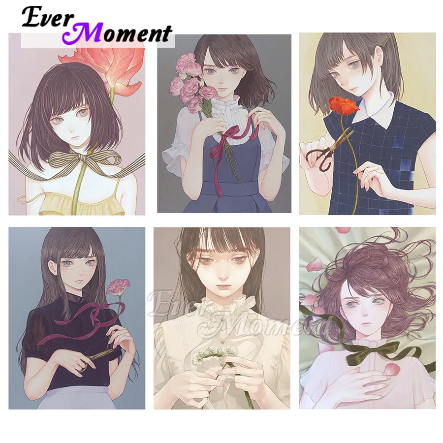 Ever Moment Diamond Wall Art Canvas Painting Full Round Square Stones Craft Kit Gift Simple Flower Lovely Girl DIY ASF2345