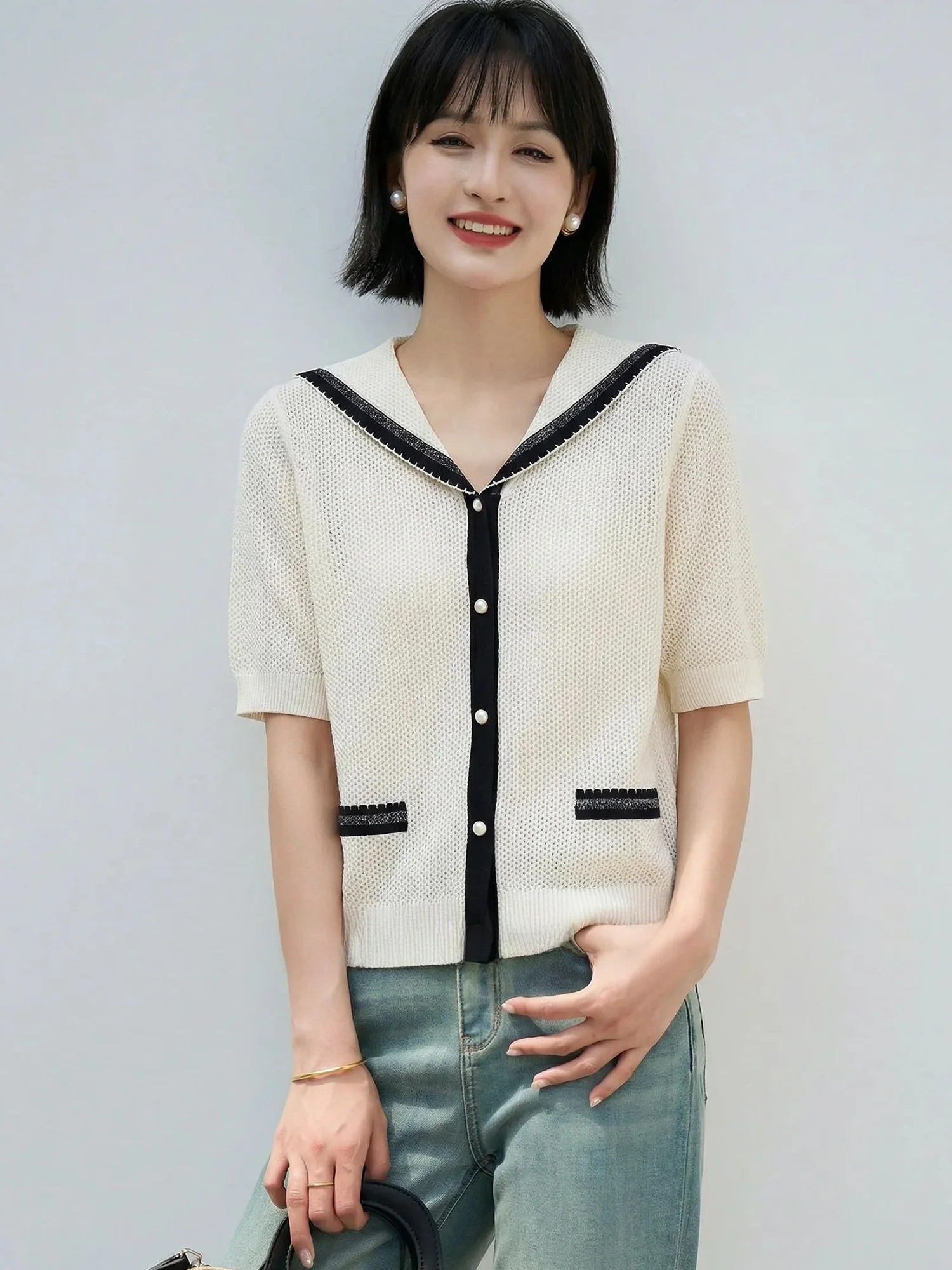 

Chivirin Navy Collar Hollow out Knitted T-Shirt Women's Summer Short Sleeve Thin Loose Feeling Top Elegant Age Reducing