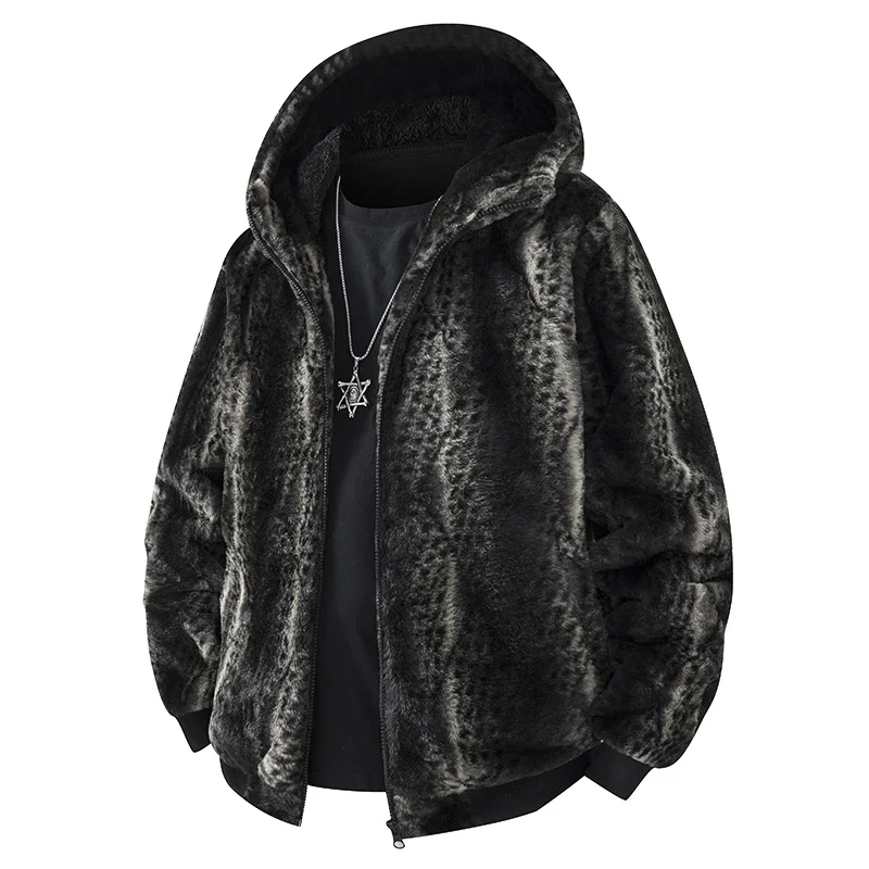 2025 Winter Parka Fleece Jacket Men Men's Fashion Leopard Print Casual Jacket Thickened Warm Hooded Outdoor Women's Windproof