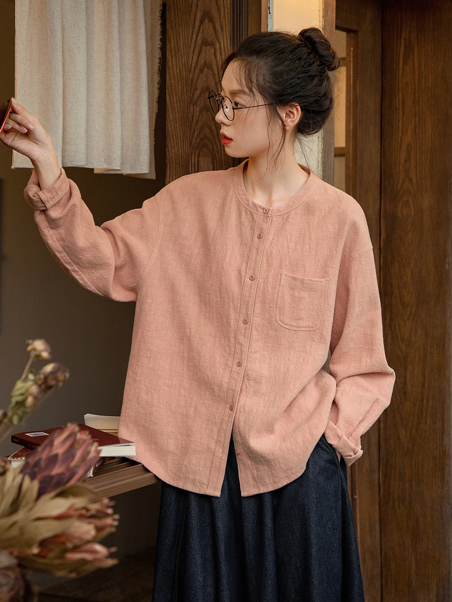 

Loose Fit Linen Shirt Women's Casual Long Sleeve round Neck Spring Autumn Pink Color Original Japanese Style Artistic Fashion