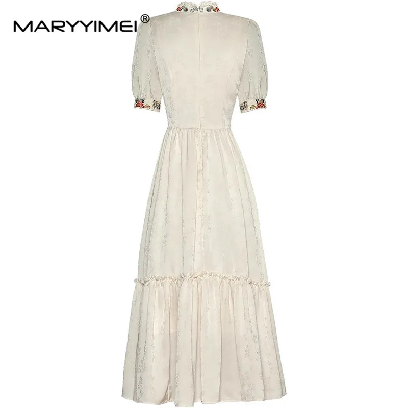 MARYYIMEI Fashion Design Spring Summer Women's Stand Collar Short-Sleeved Embroidery Button Streetwear Solid Color Dresses