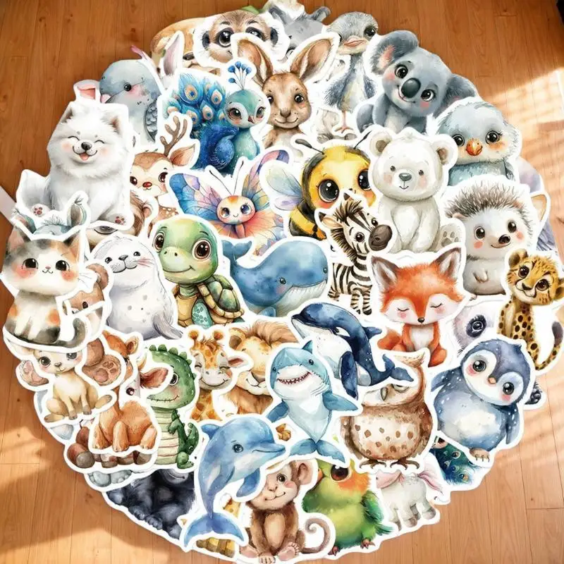 50pcs/set Watercolor Animal Doodle Stickers DIY Decor For Guitar/Tablet/Journal Waterproof