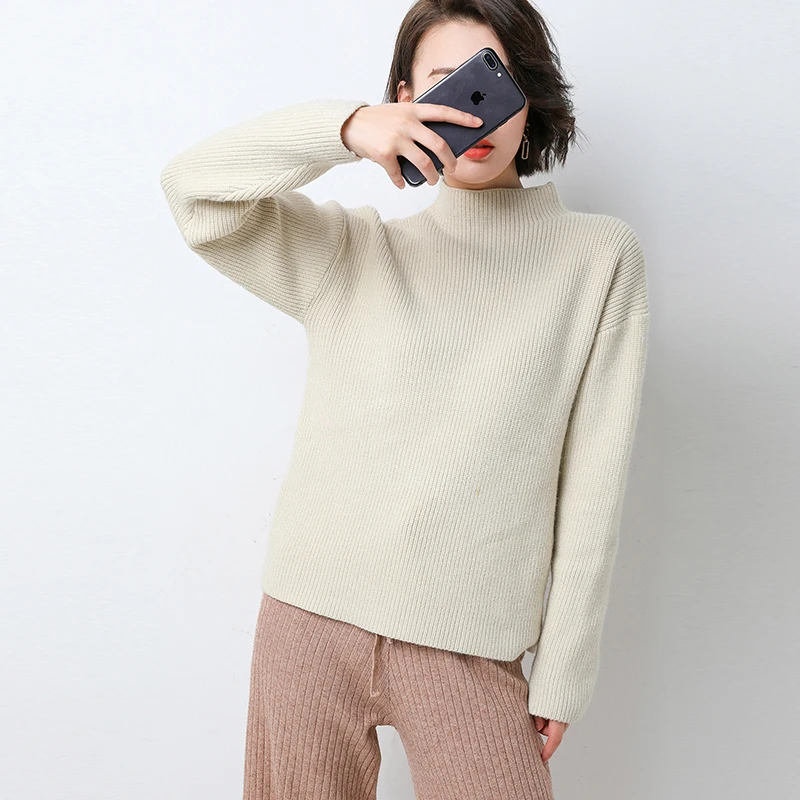 

Autumn Winter Ladies Half-high Collar Sweater Wool Blend Warm Pullover Casual Knit Solid Color Thickening Tops Women Jacket