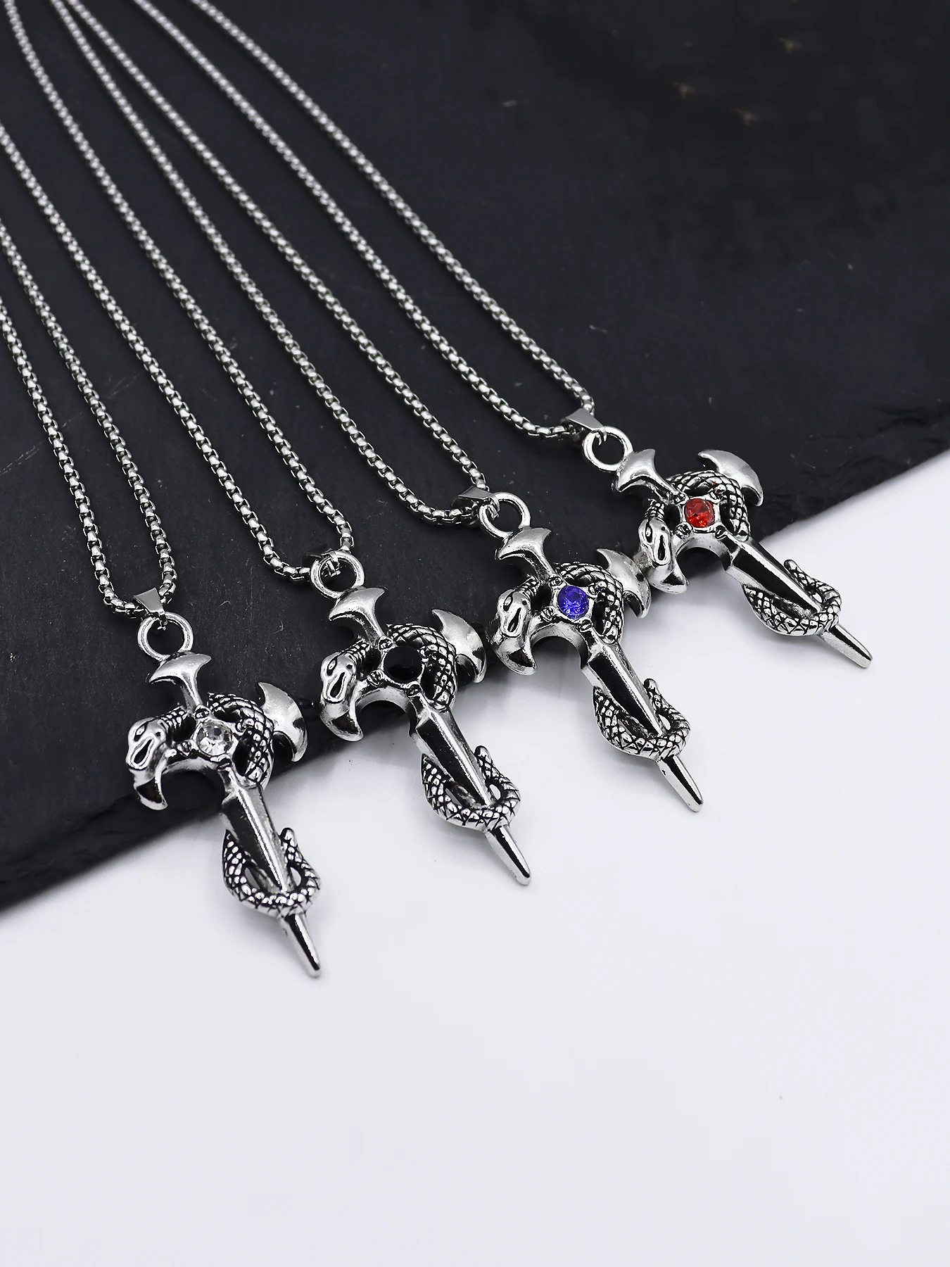 Retro Snake Sword Dagger Charm Pendant Necklace for Men Stainless Steel Gothic Antique Animal Necklaces Rock Punk Jewelry Gifts