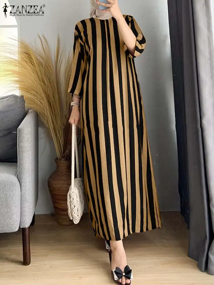 

ZANZEA Woman Fashion Stripe Printed Muslim Dress O Neck 3/4 Sleeve Dresses Elegant Abaya Vestidos Female Vintage Party Sundress