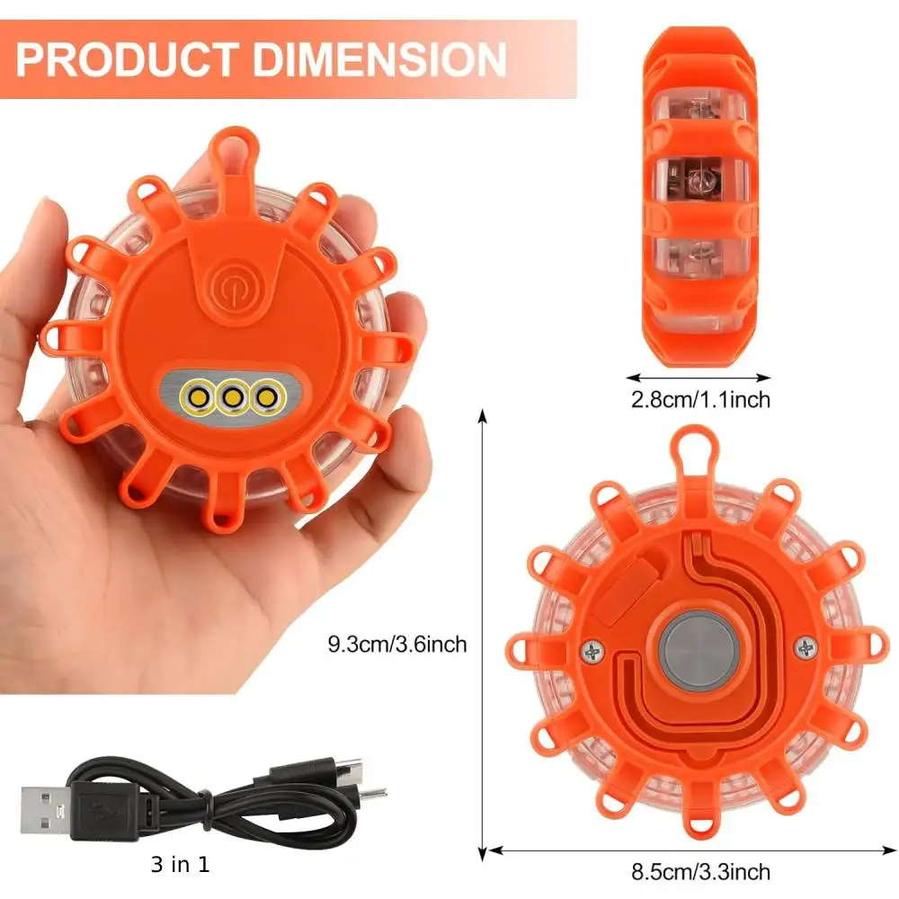 USB Rechargeable LED Road Flares Emergency Lights Roadside Warning Car Safety Beacon Flashing Disc Flare Kit with Magnetic Base