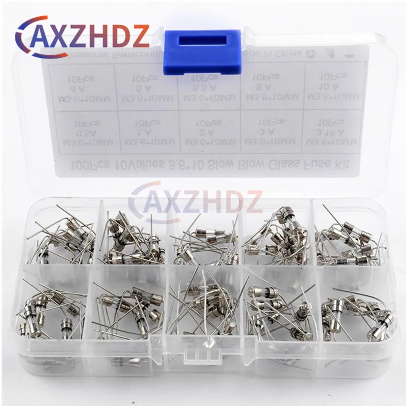 100pcs 10Kind x 10pcs 3.6*10mm 250V Double Iron Cap Axial Slow Glass Fuse With Lead Wire 0.5A 1A 2A 3A 3.15A 4A 5A 6.3A 8A 10A