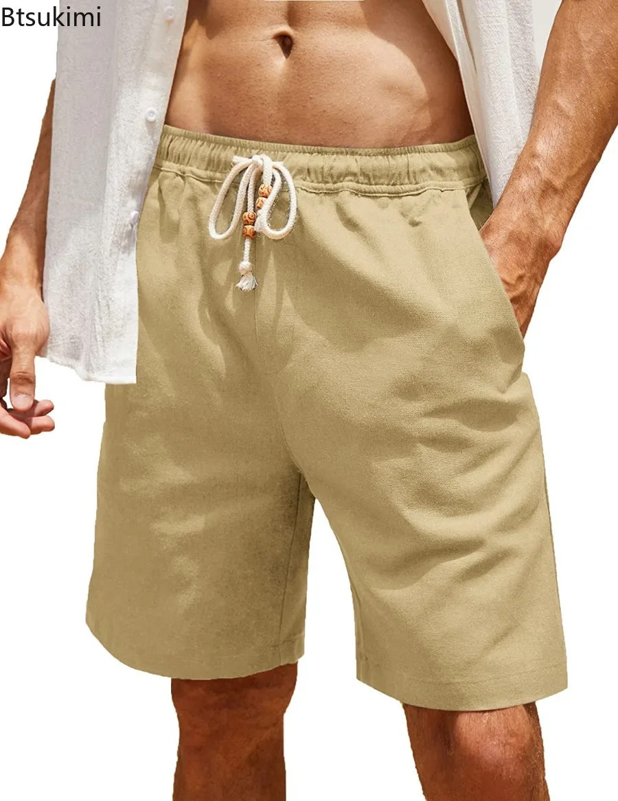 Summer Casual Shorts for Men Solid Breathable Cotton Linen Pocket Beach Pants Men's Loose Drawstring Straight Leg Sport Shorts