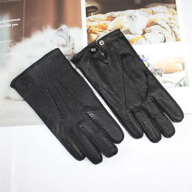 Touch Screen New Men's Deerskin Gloves Leather Fashion Corrugated Wool Knit Lining Winter Warm Driving Gloves Autumn