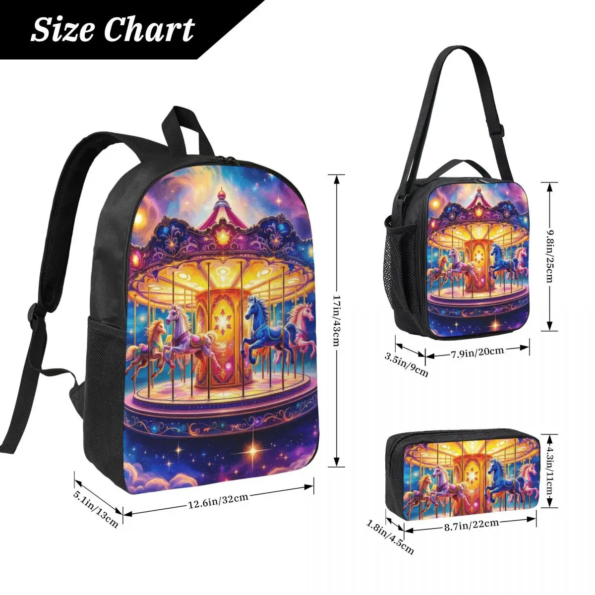 Artistic Details Of A Carousel Backpack Boys Girls BookBag School Bag Laptop Shoulder Bags 3ps Insulated Lunch Bag Pencil Case