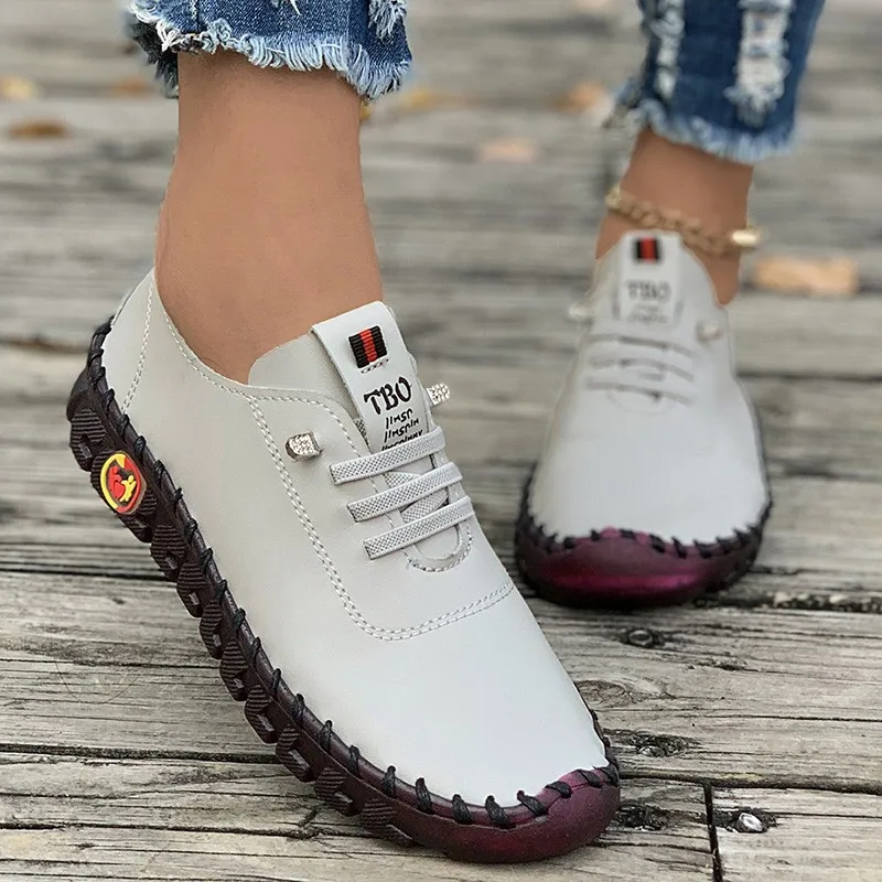 Sneakers Damesschoenen Loafers Strikken Lederen Platte Nieuwe Lente 2023 Casual Comfortabele Moeder Schoen Mujer Zapatos Chaussure Femme