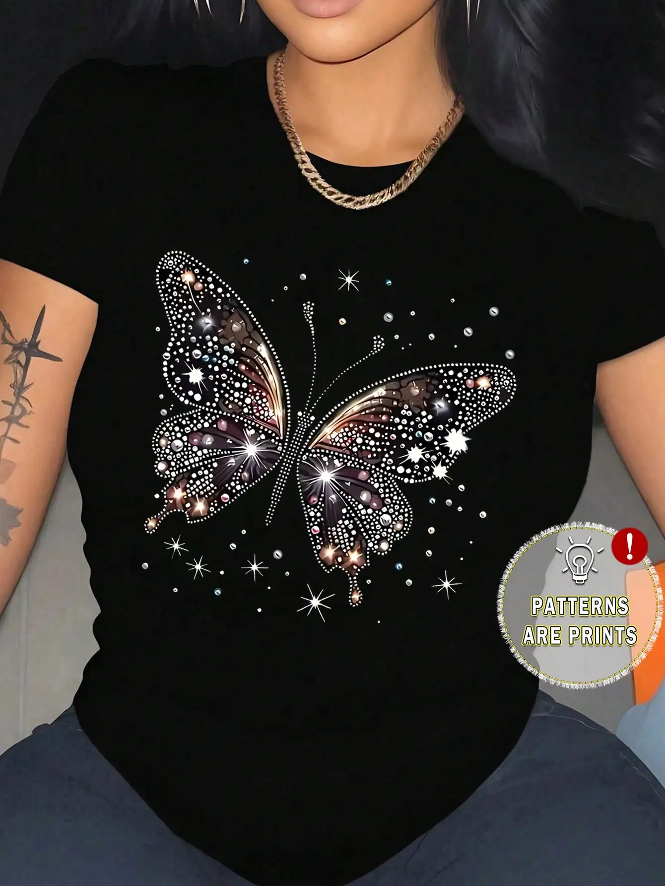 

Black Rhinestone Butterfly Print T-Shirt for Women, Casual Spring Resort Wear