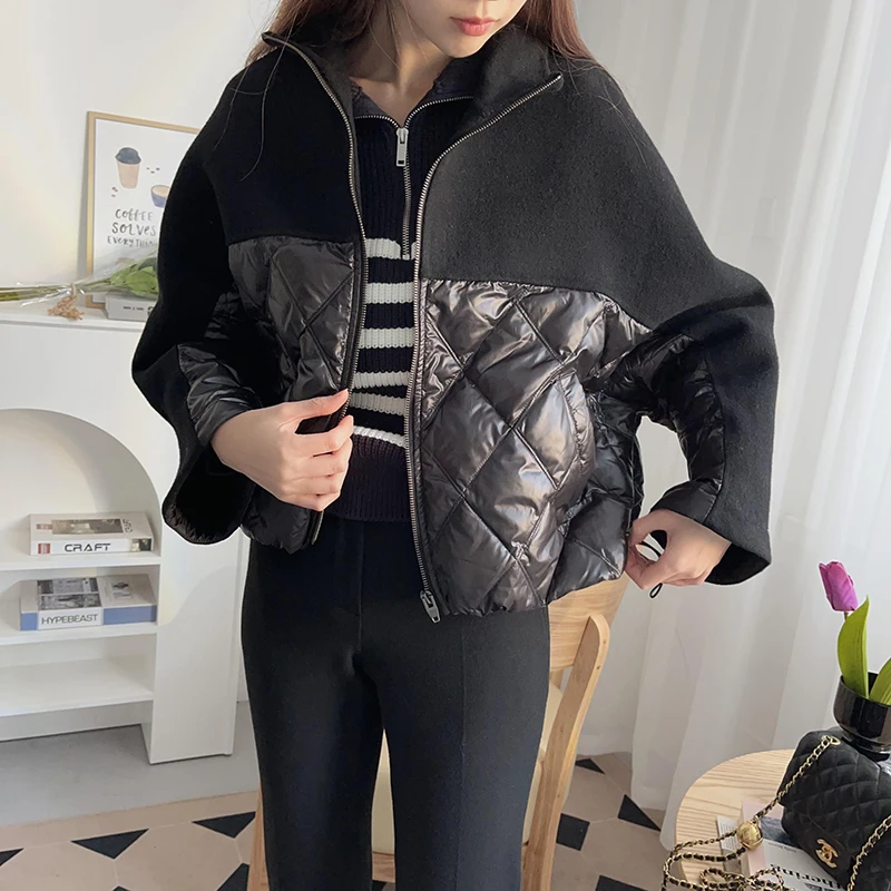 

Ele Lightweight Winter Women's down Jaet Goose down Woolen Quilted Lattice Patterned Faionable All-Season Coat