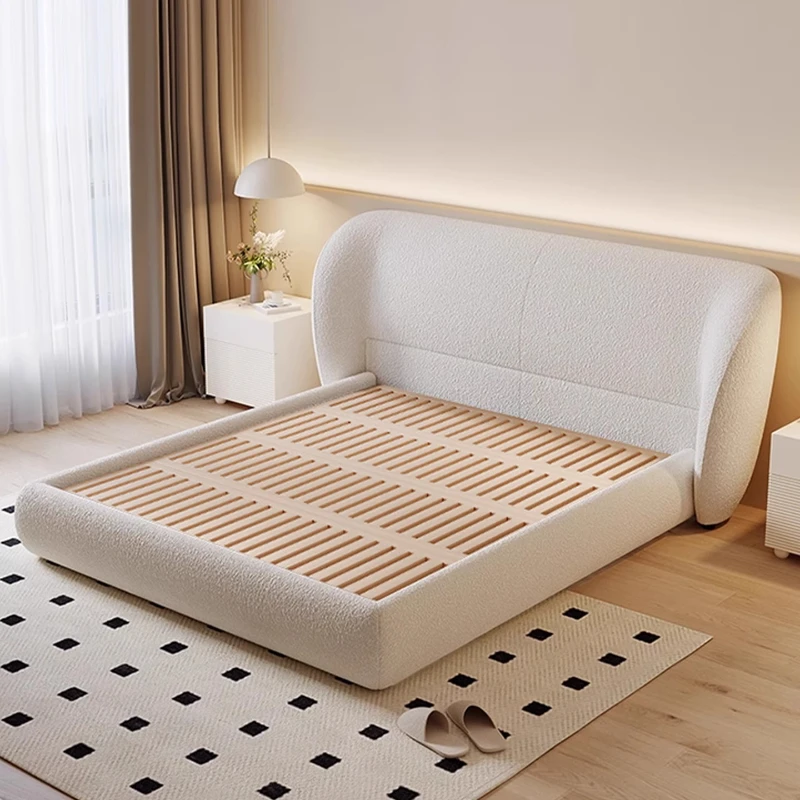 Luxuriöses modernes 150 x 200 180 x 200 200 x 220 cm cremefarbenes Flanell-Doppelbett, 2-Personen-Schlafzimmerbetten, Bettgestell, Massivholz-Bettbrettmöbel