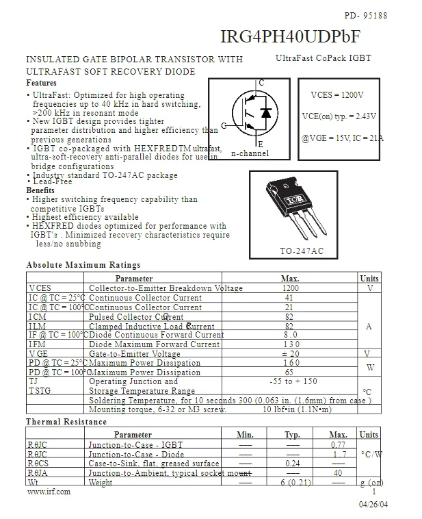 5 Stück irg4ph40udpbf bis-247 irg4ph40ud g4ph40ud 1200v isolierter Gate-Bipolar transistor mit ultras chn eller Soft Recovery war neu