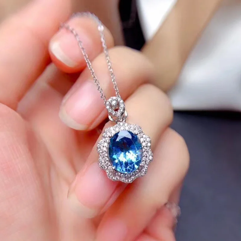 

New Luxury Light Sea Blue Topaz Cluster Zirconia Open Ring for Women Fashion Pendant Collarbone Necklace