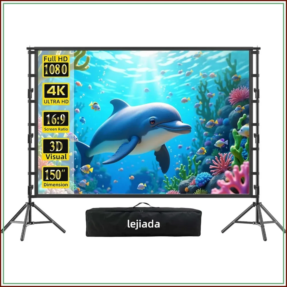 

150 inch Portable Projector Screen with Dual Stand, 4K HD Front/Rear Projection for Backyard Movies & Camping, Foldable Anti-Crease Fabric with Carry Bag