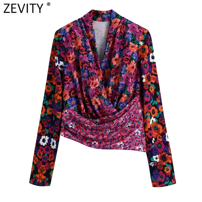 Zevity Women Vintage Cross V Neck Patchwork Floral Print Slim Short Blouses Lady Chic Long Sleeve Retro Shirt Blusas Tops LS9739