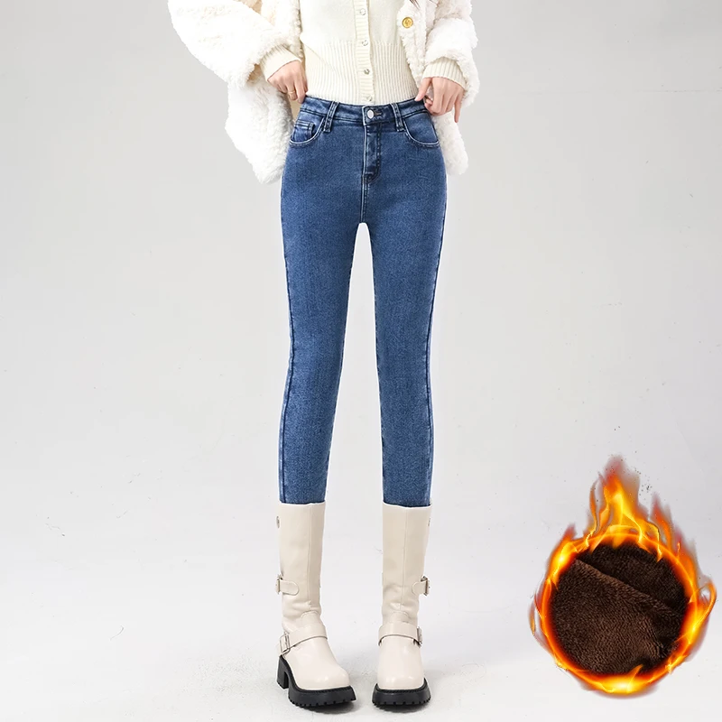 Frauen Fleece Warme Winter Jeans Verdicken Elastische Dünne Bleistift Hosen Mode Koreanische Dünne Plüsch Thermo Leggings Hosen – Detail 6