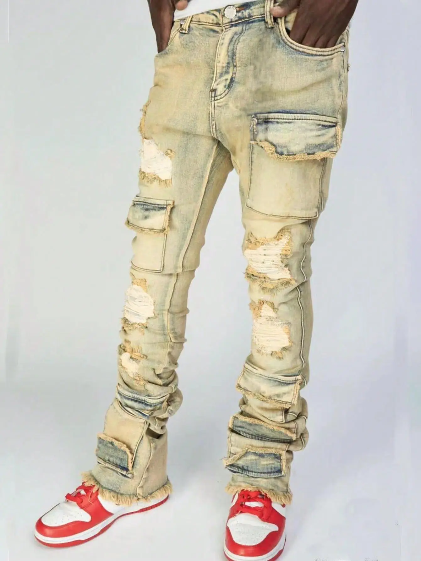 2024 New Retro Stretchy Cargo Jeans Men Ripped Washed Y2k Pants Mens Skinny Jeans Straight Leg Male's Patched Denim Trousers