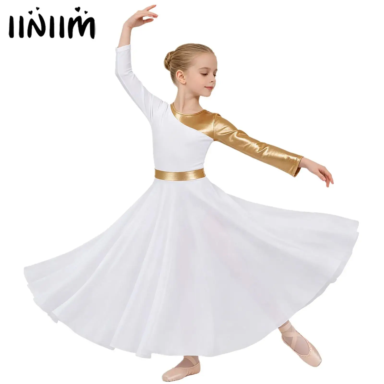 

Kids Girls Metallic Liturgical Praise Dresses Robe Church Worship Ballet Lyrical Dance Costume Christian Bell-bottom Dancewear