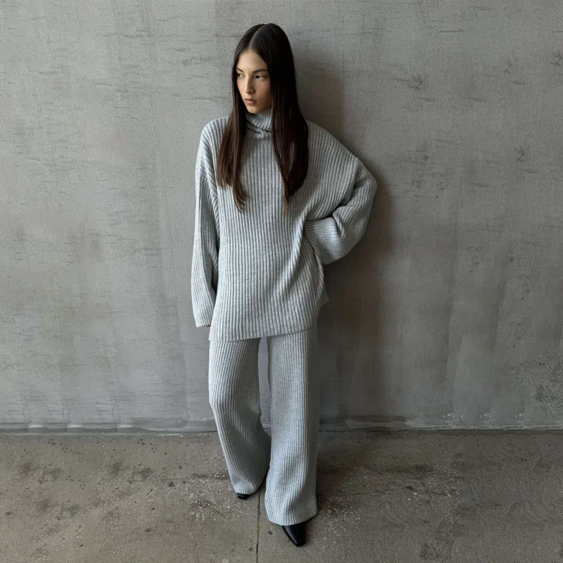 Turtleneck Wide-Leg Pants European and American 2025 Autumn Winter Warm Loose Knitted Sweater Set