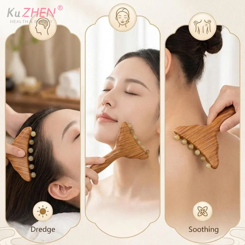 Portable Sandalwood Meridian Massage Comb Promote Hair Meridians Body Anti-static 6-beads Sheep Horn Head Massager Gua Sha Tool